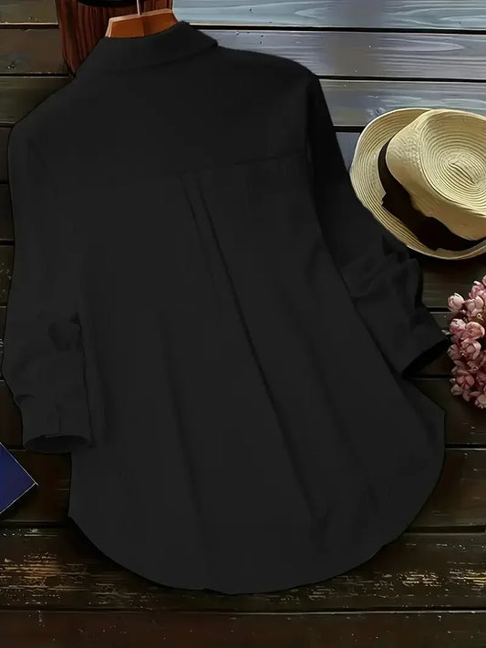 Plus Size Women Cotton Linen Button Down Shirts Lapel Shirt Tops Solid Color Loose Casual Long Sleeve Tops