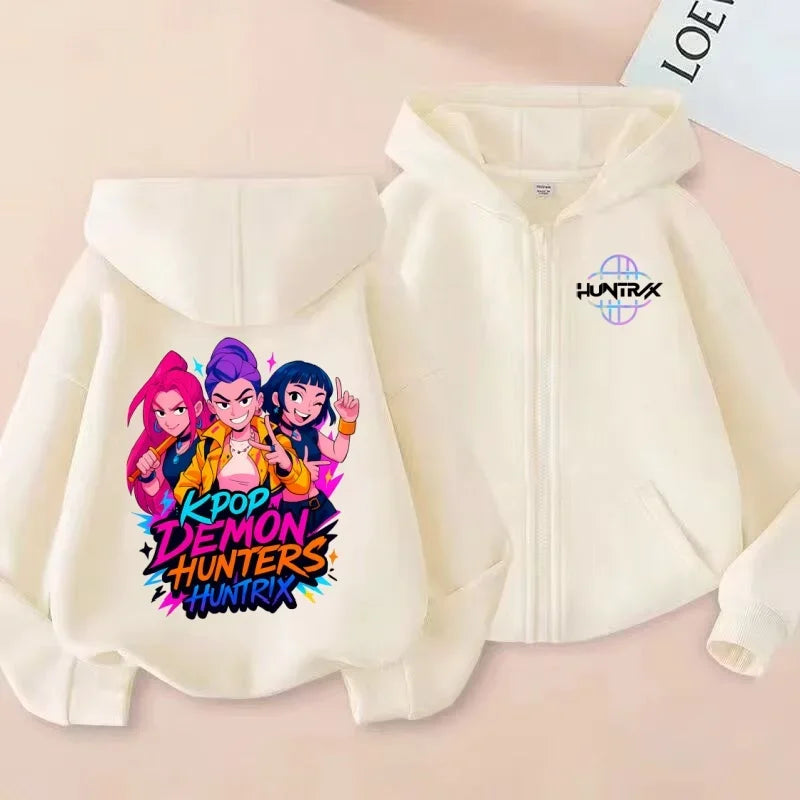 "KPOP Demon Hunters Huntrix Cool Three-Person Printed Children's Zipper Shirt Sweater Korean Style Personalized Top"