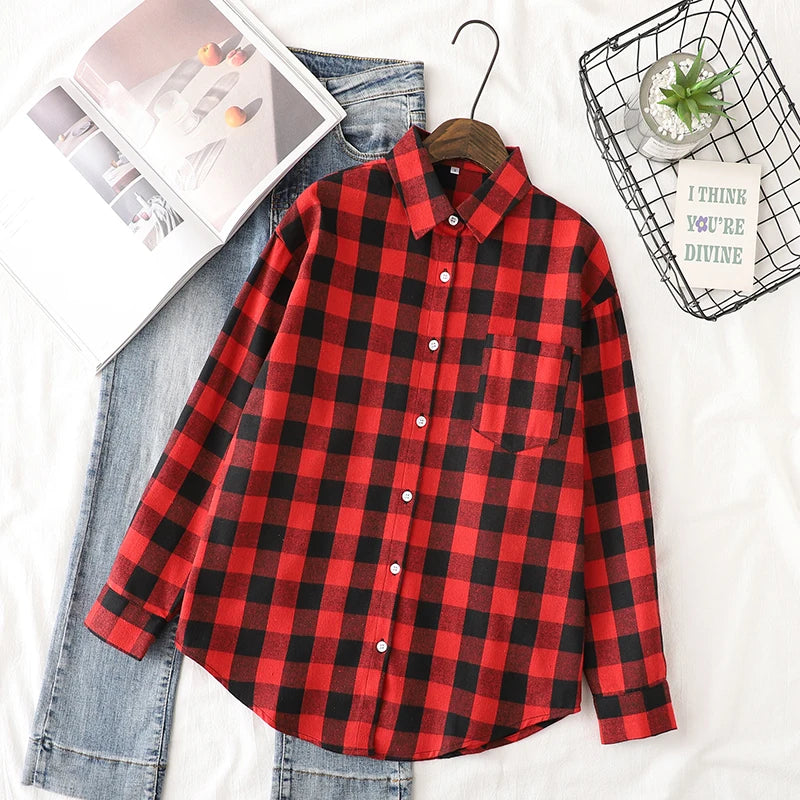 Brand Women's Flannel Plaid Shirts 2025 New Ladies Tops Exquisite Designer Style Loose Blouses Casual Cotton Long Sleeve Blouse