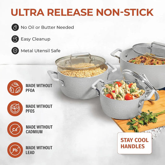 Gray Nonstick Pots and Pans Set, 6-Piece Stackable Cookware with Lids, Dishwasher Safe and Toxin Free