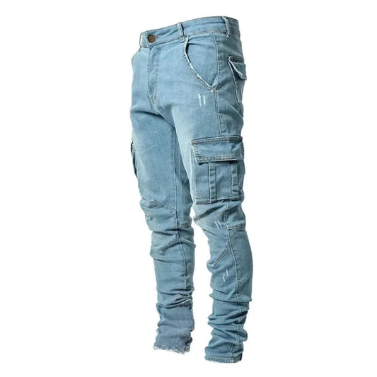 Casualtrendy Men's Elastic Multipocket Small Slim Denim Pants European Station Style Cross-border Trade Slimming Effect
