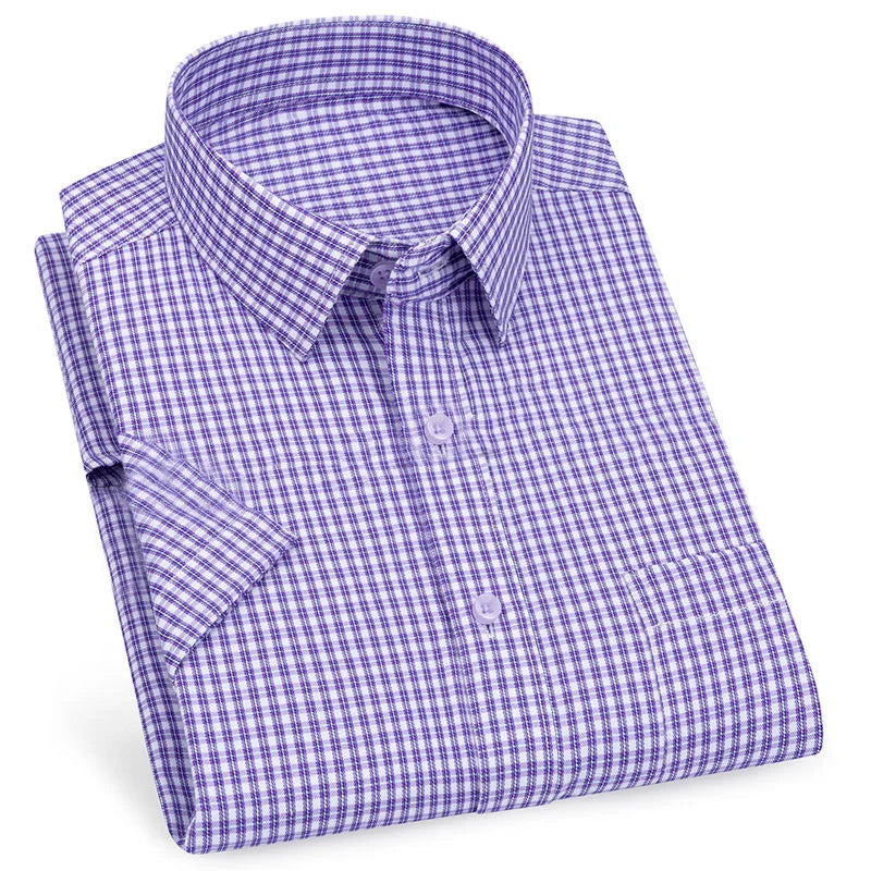 Men's Premium Striped Plaid Short Sleeve Shirts Summer Business Casual Branded Workwear Purple Blue 6XL Plus Large Size KOACUS