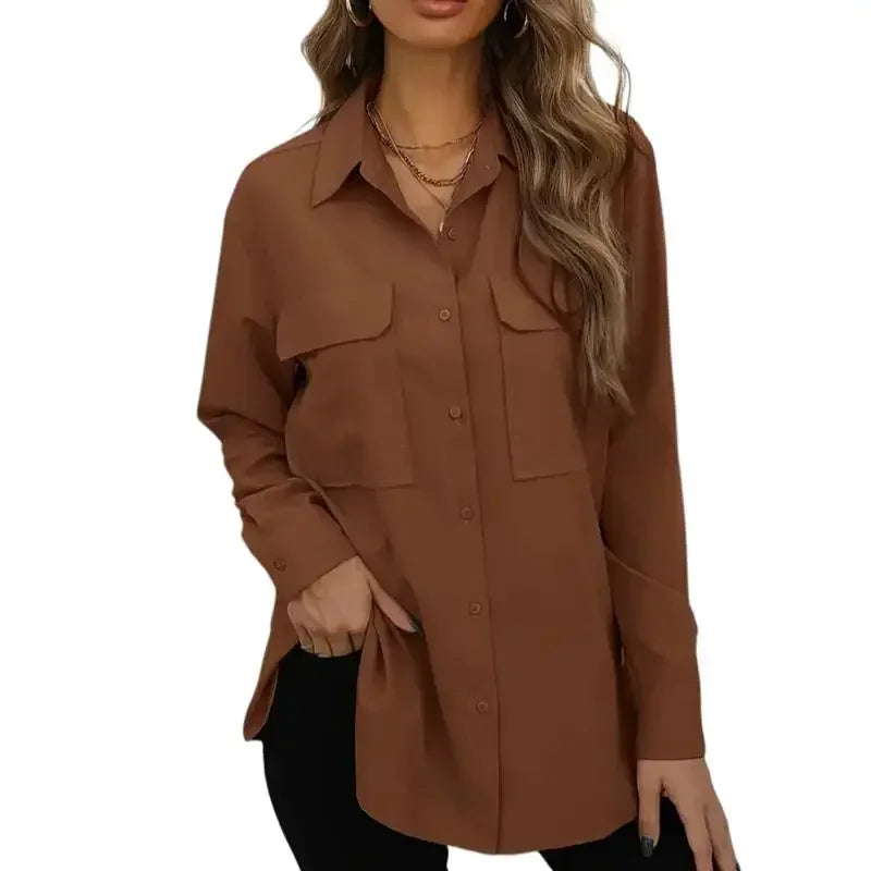 Plus Size 1Xl-5XL Women's Fashion Blouse Women's Solid Button Up Long Sleeve Turn Down Collar Blouse Pockets