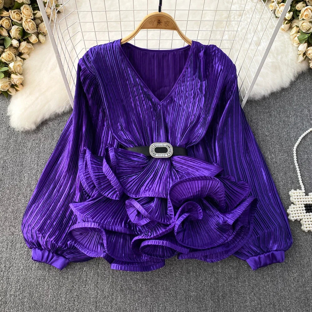 2026 Blusas Mujer De Moda Temperament Blouses Women Lantern Sleeve V-neck Slim Waist Shirts Folds Ruffles Vintage Blouse Tops