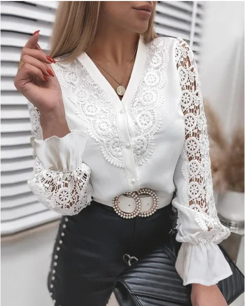 Summer Floral Embroidery Lace Blouse Fashion Women V Neck Casual Shirt Elegant Chic Short Sleeve Hollow Out Tops Elegant Blusas