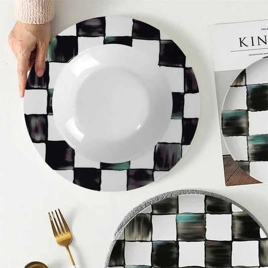 Black White Checkerboard Ceramic Dinner Plate Bone China Coffee Cup and Saucer Western Food Dishes Home Elegant Tableware Mug