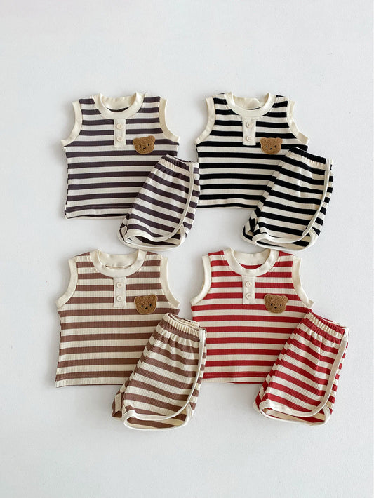 MILANCEL 2024 New Baby Clothes Set Sleeveless Tee And Shorts Boys Tracksuit Waffle Bear HeadGirls Clothing Set