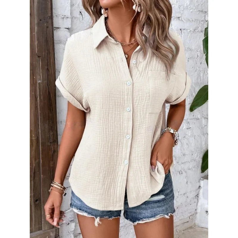 Women Casual Cotton Blouse Vintage Summer Short Sleeve Slim Shirt Elegant Turn Down Collar Solid Tunics Harajuku Streetwear Tops