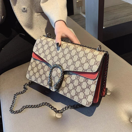 Fashionable Mini Printed Chain Women's Bag Crossbody Shoulder Bag Soft PU Leather Square Shape Bag with Phone Pocket