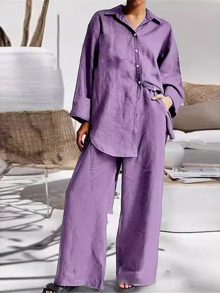 2024 Autumn New Women's Cotton and Hemp Set Solid Color Collar Shirt High Waist Wide Leg Pants Elegant Two Piece Set