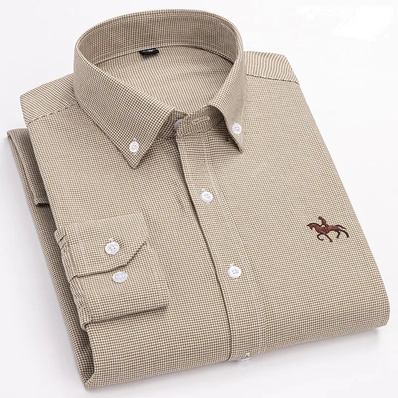 Basic Oxford Dress Shirt For Men Long Sleeve 100% Pure Cotton Solid Casual Plaid Striped Social Business Male Regular-Fit S-6XL
