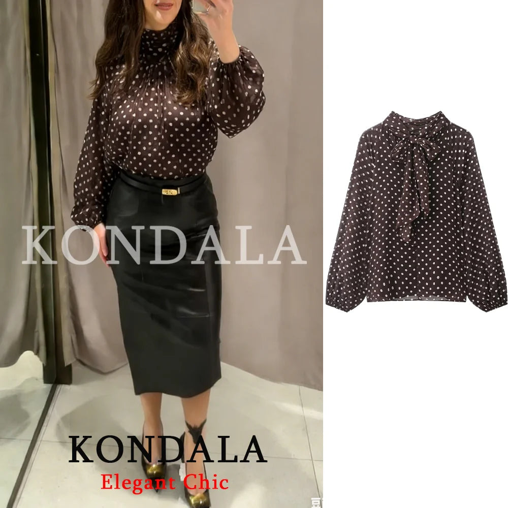 KONDALA Women Trendy Polka Dot Blouse Bow Tie O-Neck Shirt New Fashion 2026 Spring Summer Holiday Party Elegant Mujer Blouse