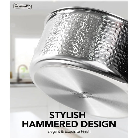 MICHELANGELO Hammered Stainless Steel 10 Piece Cookware Set With Gold Handle Induction Compatible Oven Safe Kitchen Pot