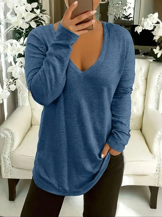 Women's Plus Size 1XL-5XL Fashion Simple Solid Color T-Shirt Ladies Casual V-Neck Long Sleeve Clothing T-shirt Tops