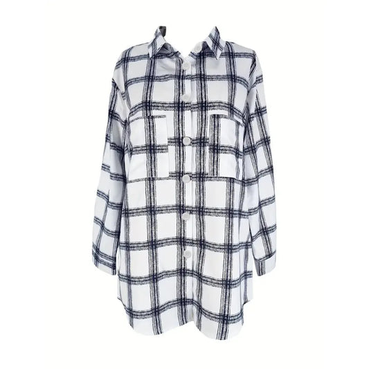 Plus Size Plaid Shirt: Lightweight Artistic Texture Blouse with Notch Collar & Loose Fit Long Sleeves for Office and Casual Wear