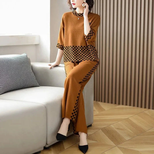 Noble Fashion Suits Spring Summer Middle Aged Mother Wide Leg Pants Sets Large Size Loose Tops + Casual Pants 2PCS Women Outfit