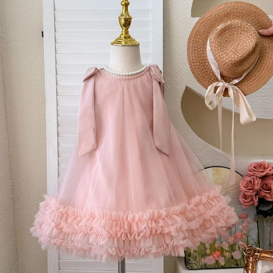 Pink Dreamy Sweet Girl Fairy Princess Dress Sleeveless Bow Decoration Mesh Lace Children's Casual Clothes Birthday Party Summer