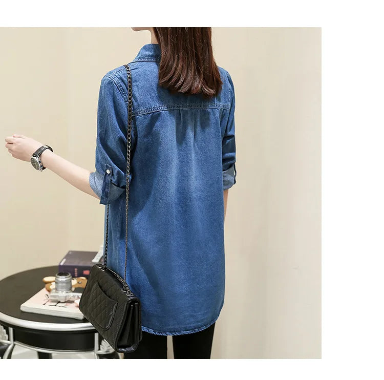 2024 Spring Autumn Denim Shirt Women Fashion Jeans Shirt Cotton Long Sleeve Slim Blouses Jeans Ladies Lapel Collar