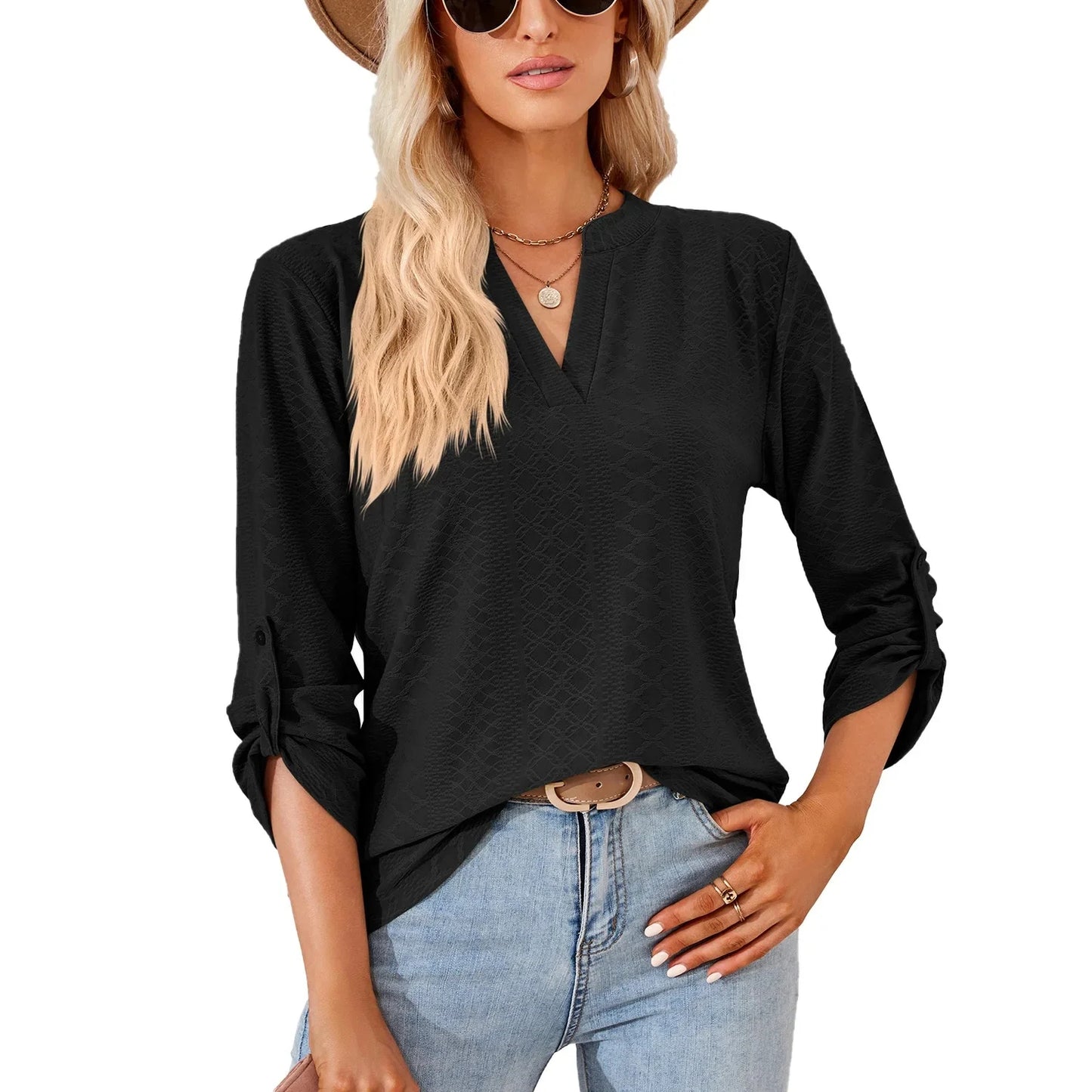 Loose Button-Up V-Neck Seven-Sleeve T-Shirt Women's Autumn Winter New Style Pure Color Casual Top Comfortable Silk Material