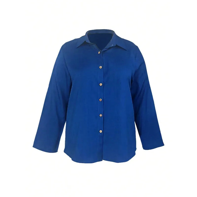 Plus Size 1XL-5XL New Women Casual Long Sleeve Shirt Elegant Solid Lapel Blouse Vintage Tops