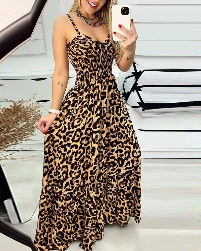 Summer new leopard print camisole V-neck dress high waisted skirt sexy temperament long skirt women's clothing plus size