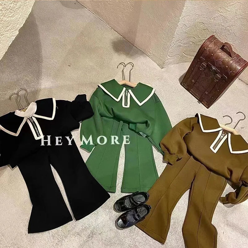 Children's Clothing Sets Lapel Long Sleeve Top + Wide Leg Pants 2 Pcs Sets Kids Boutique Clothes for Girls 3 To 7 Years