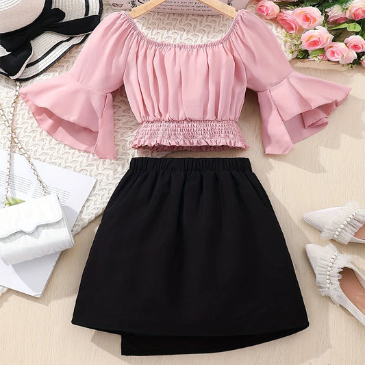 Two Piece Summer Girl Cute Waist Tied Petal Sleeve Short Sleeved Button Decoration Skirt Princess Casual Party Clothing Set