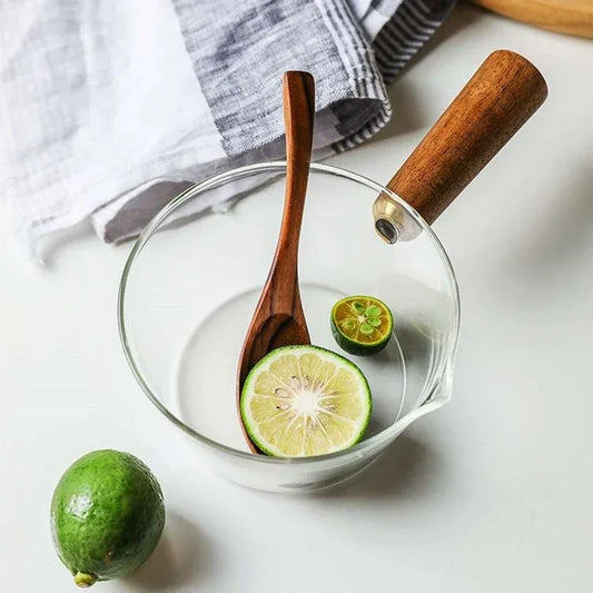 400/600ml Glass Wood Handle Practical Cute Milk Pot Soup Pan Glass Wooden Handle Pot Stable Single Handle Pots Cooking Pot Tools