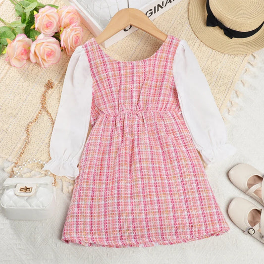 Menoea Girls' Dress 2023 Autumn New Girls' Round Neck Plaid Lace Button Long Sleeve Dress Girls' Fashion Patchwork Dress