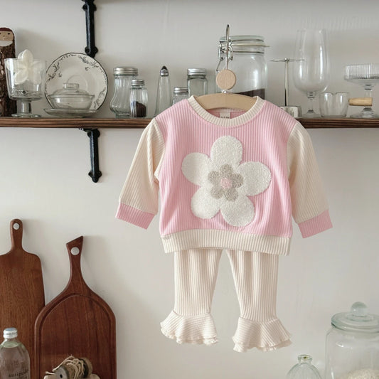 Baby Boys Girls Spring Autumn Clothes Set Cartoon Pink Flower Patch Embroidered Korean Style Tracksuit Tops Bell Bottom Pants