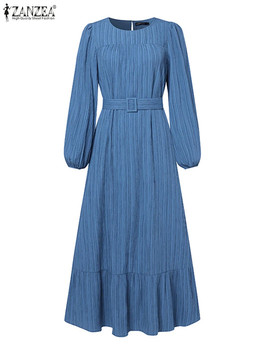 ZANZEA Autumn Fashion Long Sleeve Muslim Dress Abaya Women Elegant Party Dresses Ramadan IsIamic Robe Spring Belted Vestido 2026
