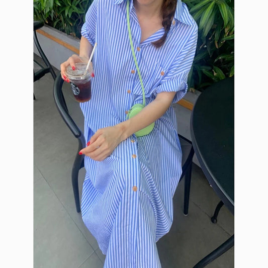 New Stripe Plus Size Loose Casual Shirt Dress Women Short Sleeve Button Up Summer Dress Office Lady Elegant Fashion Long Dresses