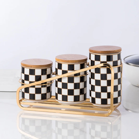 Black and White Lattice Storage Tank Checkerboard Sealed Tank Kitchen Storage Food Grade Ceramic Tank Box Tea Storage Tank