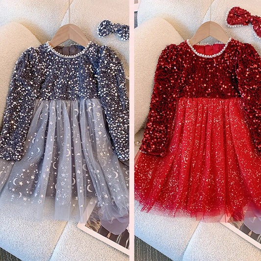 Girls Sequins Dress Spring Autumn Princess Gown Children Wedding Birthday Party Tulle Vestidos New Kids Fashion Clothing 3-8Y