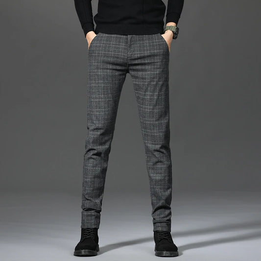 Black Pants Men Plaid Trousers Spring and Autumn New Fashion Slim Pants Men Gray Stripe Slacks 28-38 Pantalones Hombre
