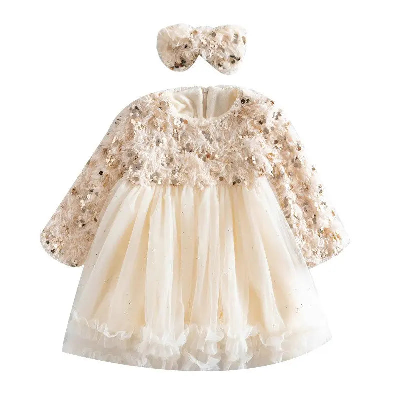 Winter New Girl's Dresses 2024 With Tassels Sequins Studded Beads Plush And Thickened Princess Dress Birthday Dress With Bow