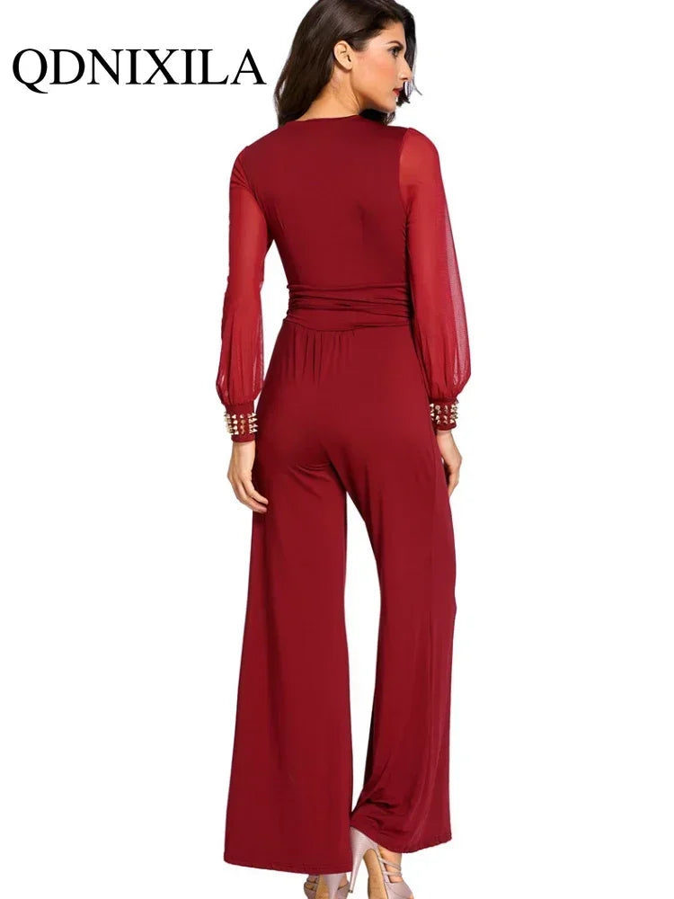 New In Spring Summer Women's Jumpsuit Black V-neck Mesh Splicing Straight One-piece Female Jumpsuit Sexy Streetwear Clothes