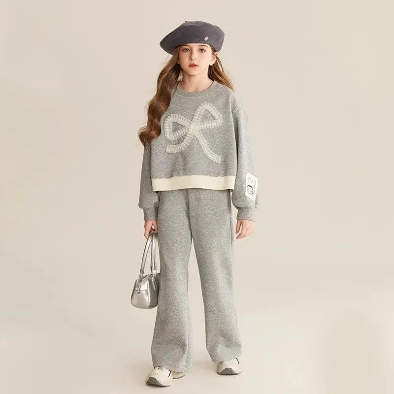 Top & Pants 2-Piece Set Sweatshirt Bow Korean Children's Clothing 2025 Autumn Winter Suits Clothes for Girls From 7 To 8 Years