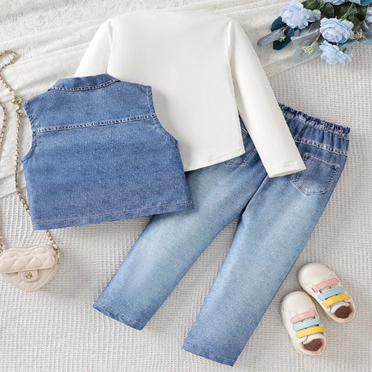 Fashionable trend casual spring and autumn new children's set girls imitation denim vest set casual long pants three-piece set