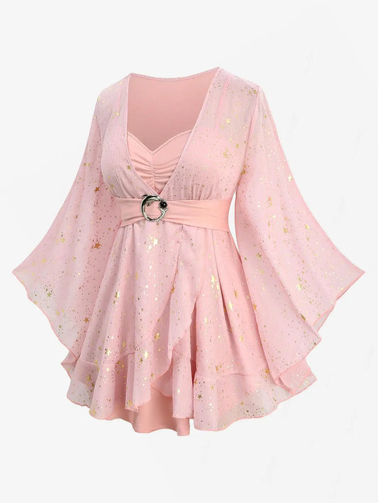 ROSEGAL Plus Size Women T-shirt Sparkly Gold Stamping Stars Print Butterfly Sleeve Blouse 2in 1 Flowy Short Sleeve Top With Belt
