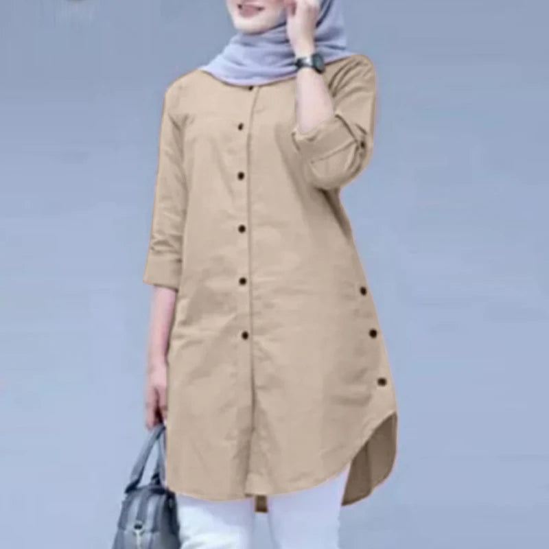 ZANZEA Women Casual Loose Rounded Hem Shirts Long Sleeve Long