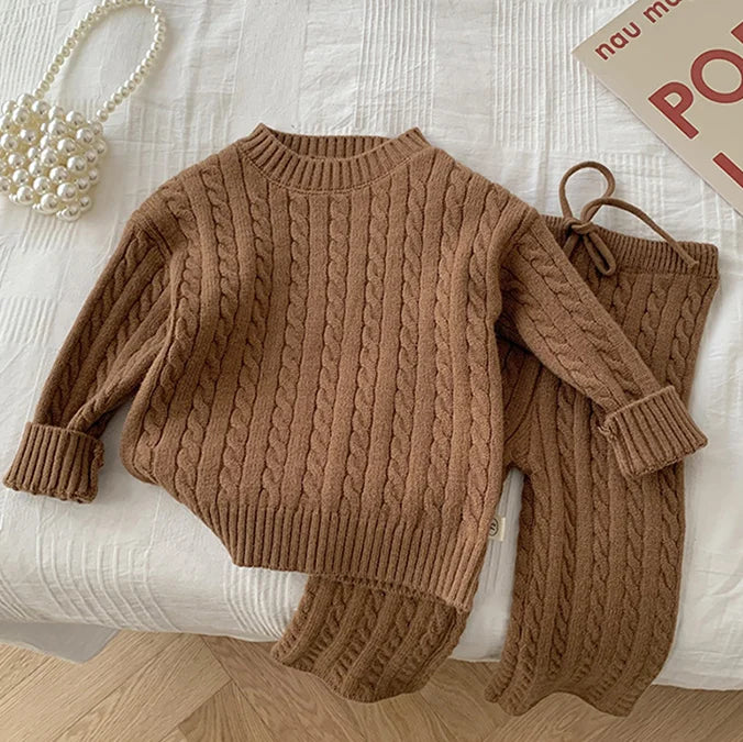 2025 Autumn Spring Korean Style Kids Knitted Clothing Set Long Sleeved Solid Color Knitted Pullover+Pants Baby Girl Clothes Suit