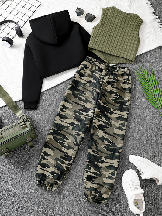 Children's Spring and Autumn Girls' Fashion 3-piece Short Sleeve Hoodie+Knitted Tank Top+Camouflage Pants - Military Green