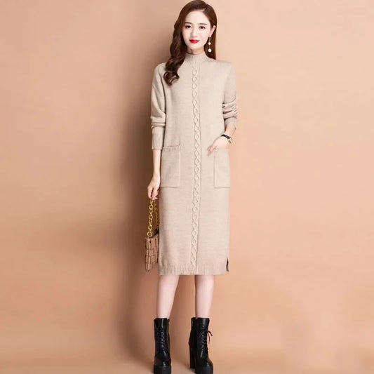 Autumn Winter Women Knit Dress New Long Sleeve Party Midi Dress Ladies Half High Collar Loose Elegant Knitted Sweater Dresses