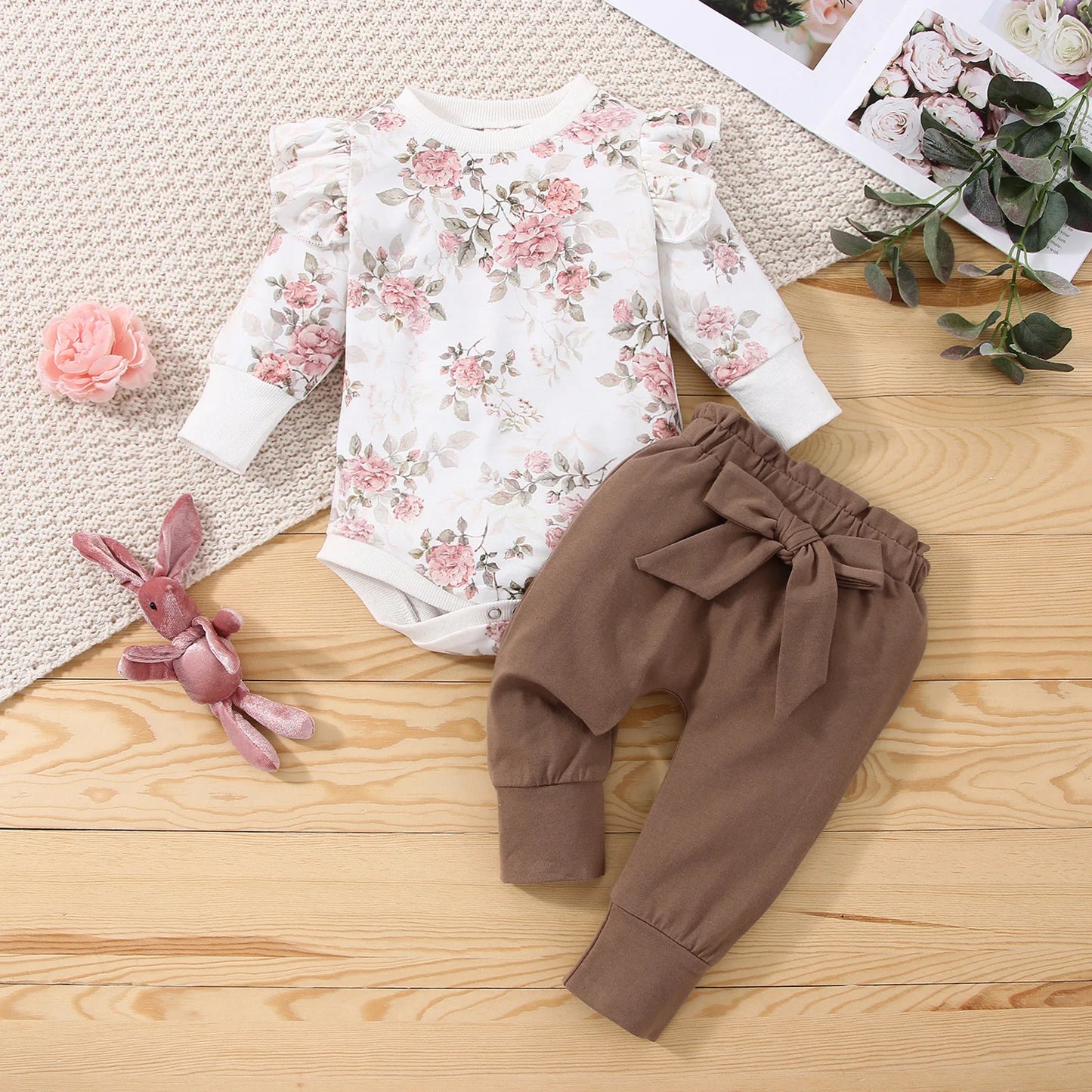 0-18M Baby Girls Floral Clothes Suits Cotton Long Sleeve Romper Tops Pants 2Pcs Spring Autumn Infant Girls Clothing Outfits