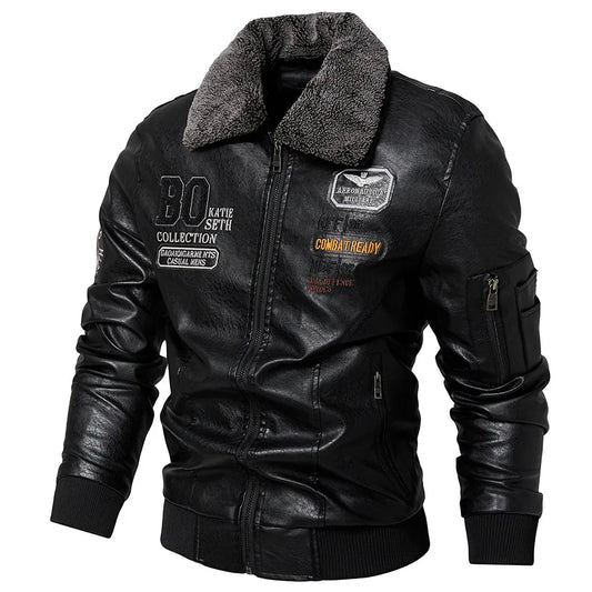 Business Slim fit Leather Bomber Jacket Men Slim Leather Flight Jacket Black Pilot Coat High Quality Man Fur collar Warm Jackets