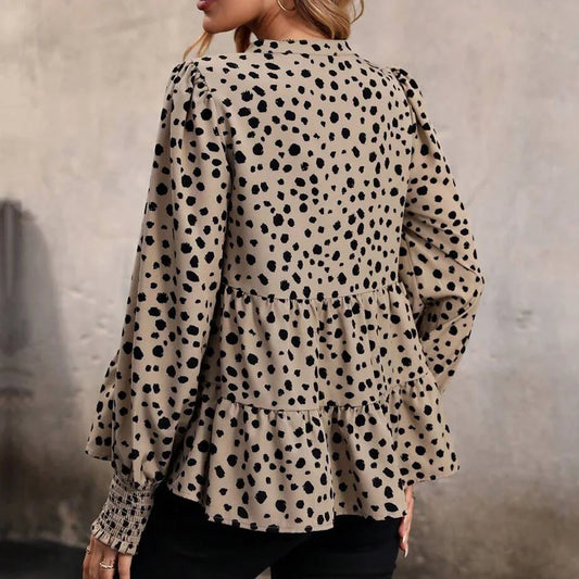 Plus Size Women's Shirt, V-Neck Long Sleeves, Geometric Polka Dot Print, Layered Design Top, Suitable for Work and Casual Wear