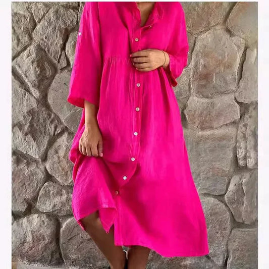 Casual Cotton Linen Long One-piece Pure Color Button-down Women's Dress Cross-border New Style Ankle-length Regular Sleeve