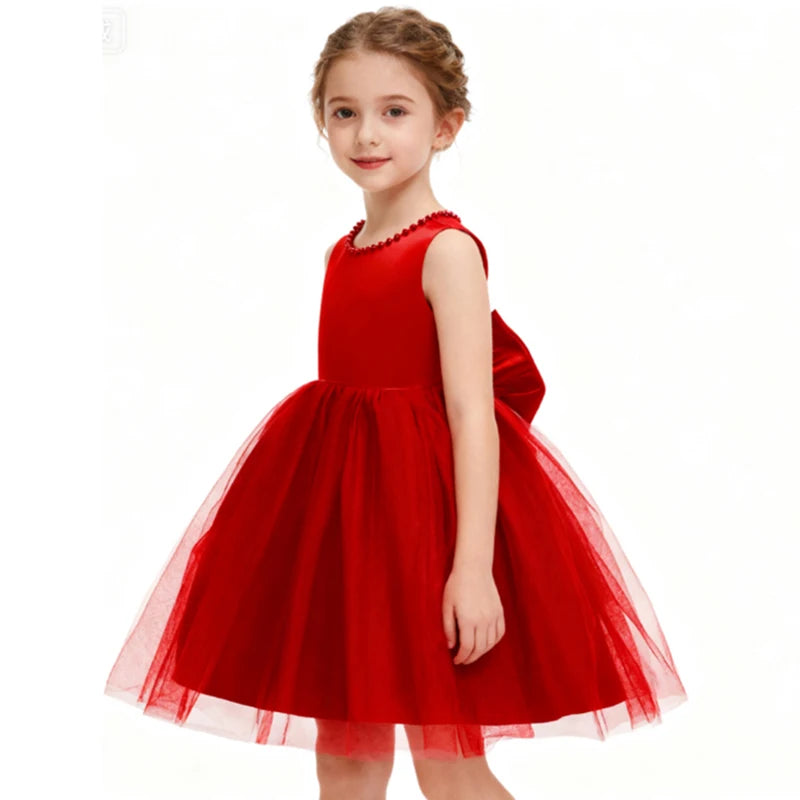 New Year Gift Kids Bowknot Flower Elegant Baptism Princess Dress Pageant Birthday Party Wedding Gown Baby Girl Christmas Dress