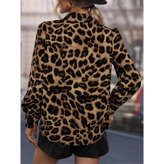 Plus Size 1XL-5XL Women Elegant Women's Casual Button Shirt with Trendy Leopard Print Perfect for Autumn Style Fitted Shirt